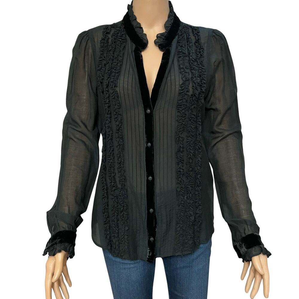Y2K Joie Tuxedo Blouse Medium Button Down Ruffle Velvet Trim Gothic Victorian